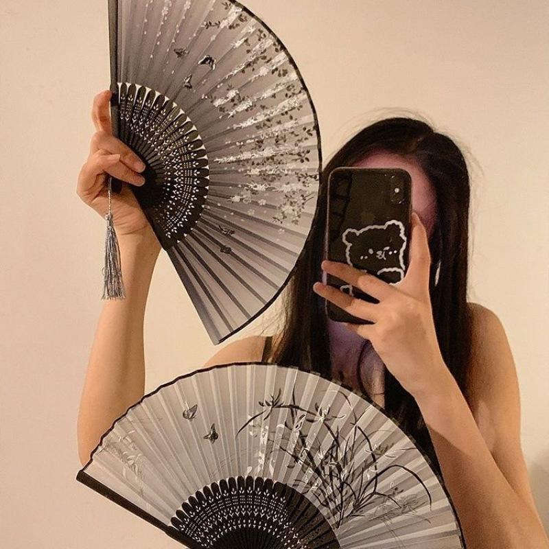 Portable Black Bamboo Folding Fan for Hanfu and Dance