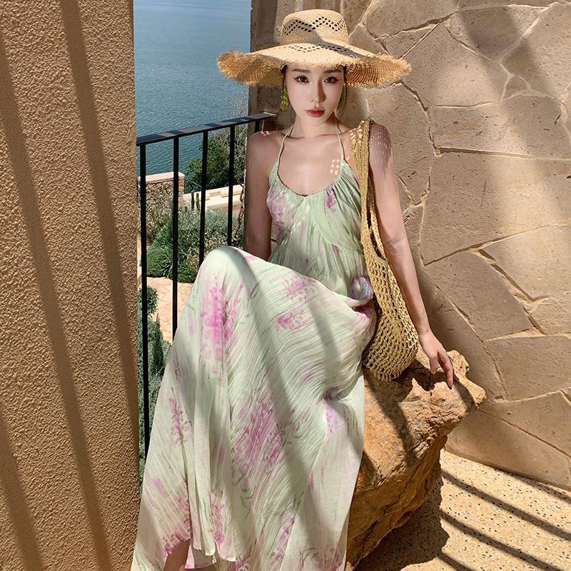 French Gentle Backless Vacation Summer Three-dimensional Flower Green Purple Smudged Suspender Dress Women's Seaside Dress