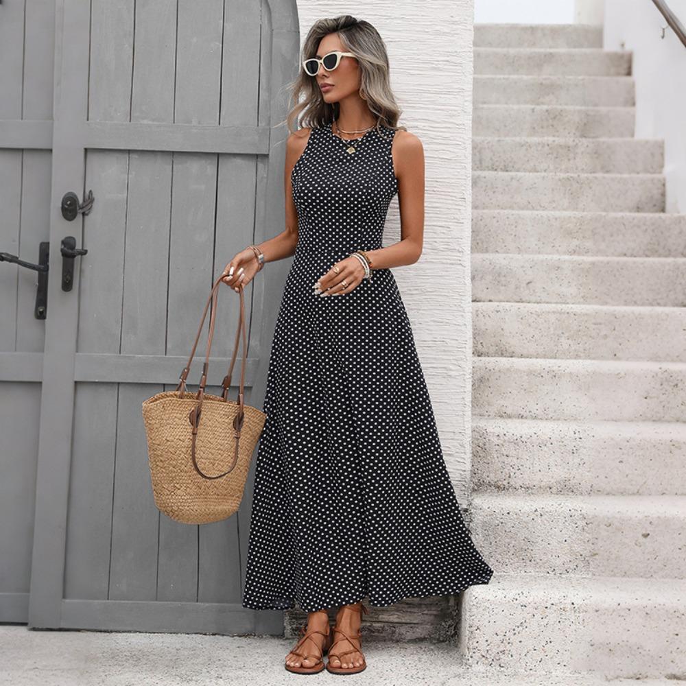Women's Round Neck Sleeveless Maxi Dress Slim Fit High Waist Elegant Polka Dot Back Tie Vacation Long Dress For Summer