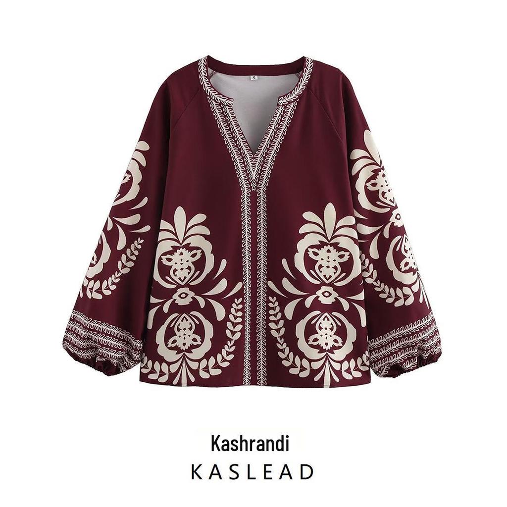 Spring 2025 Women's European & American Style V-neck Printed Long Sleeve Shirt