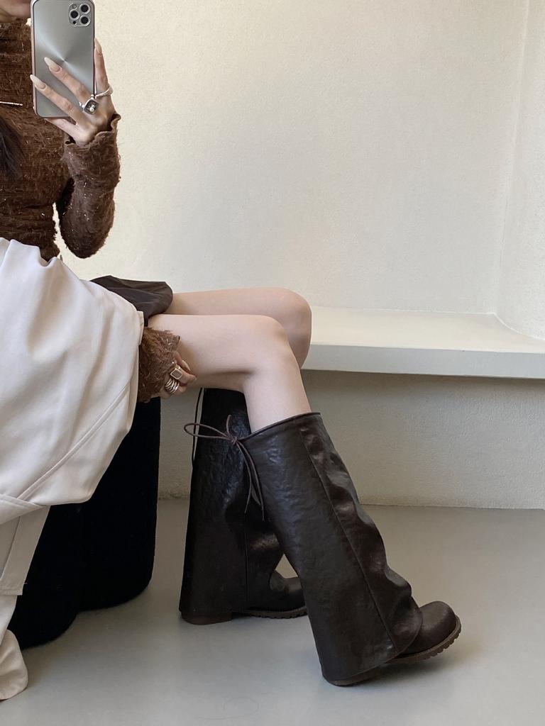 European and American Trouser Boots Women's 2025 Autumn and Winter New Maillard Retro Pleated Knight Boots Stacked Boots