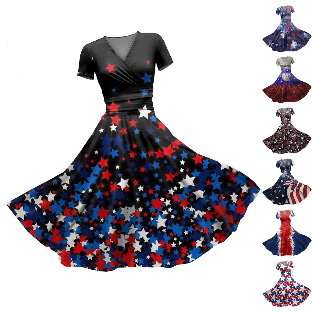 Dame prinsessekjole Sexy V-hals print midje Pull plissert kortermet kjole