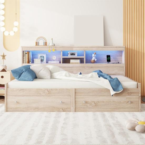 Single Bed Daybed 90x200cm Sofa Bed Bedside Cabinet with 2 USB And Charging Sockets Youth Ambient Lighting Two Drawers Slatted Frame (without