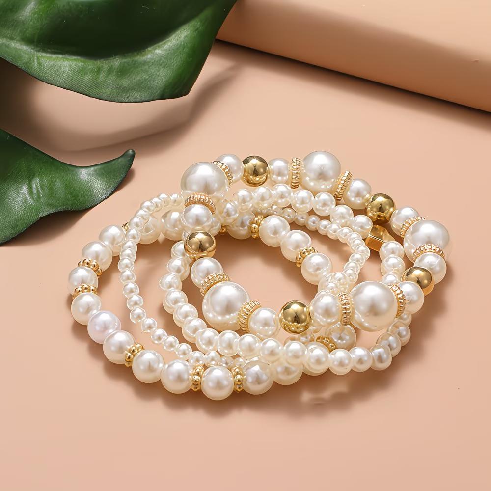 4pcs Elegant Vintage Minimalist Women'S CCB Imitation Pearl Beaded Elastic Bracelet Set , Suitable for Daily Wear, Vacation, Parties, Weddings Gifts,
