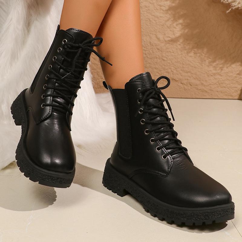 Fashion Rimocy Fashion Platform Combat Boots Women Black PU Leather Lace Up Ankle Boots Woman Thick Sole Non Slip Autumn Winter Shoes