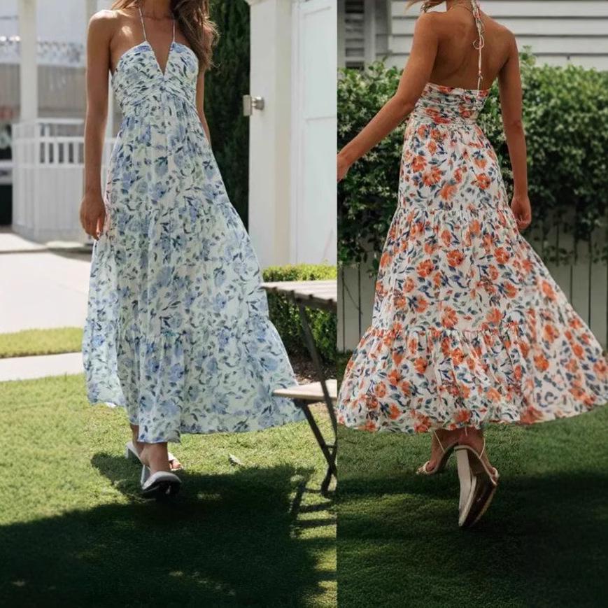 

Elegant Off-Shoulder V-Neck Spaghetti Strap Long Dress for Women Medium цветочный/красный