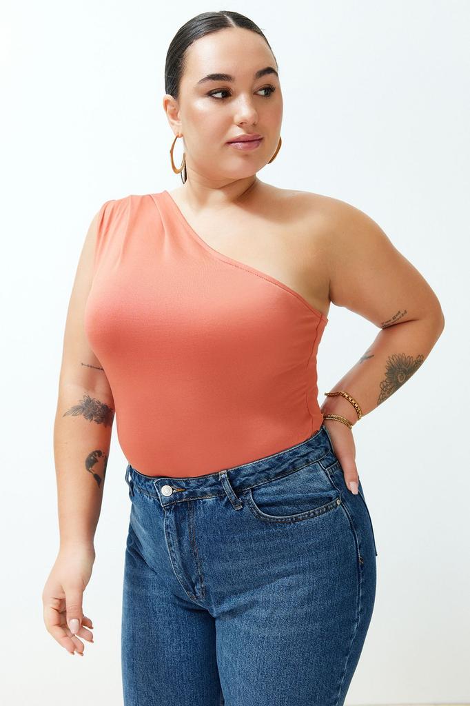 Women's Style Plus Size Cinnamon Asymmetric Collar Knitted Body with Snaps at the Bottom