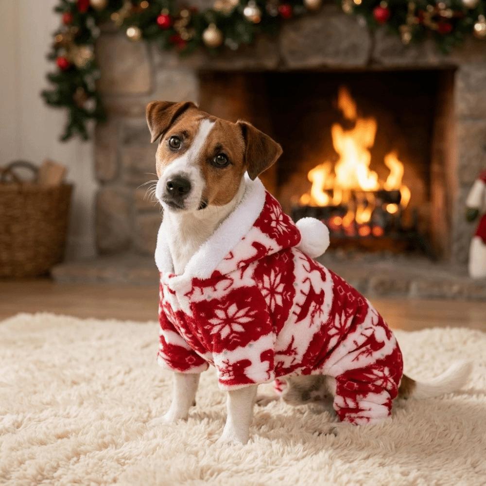 Hooded Design Christmas Dog Jumpsuit Warm Plush Winter Dog Clothes Dog Four Legged Coat  Photo Prop