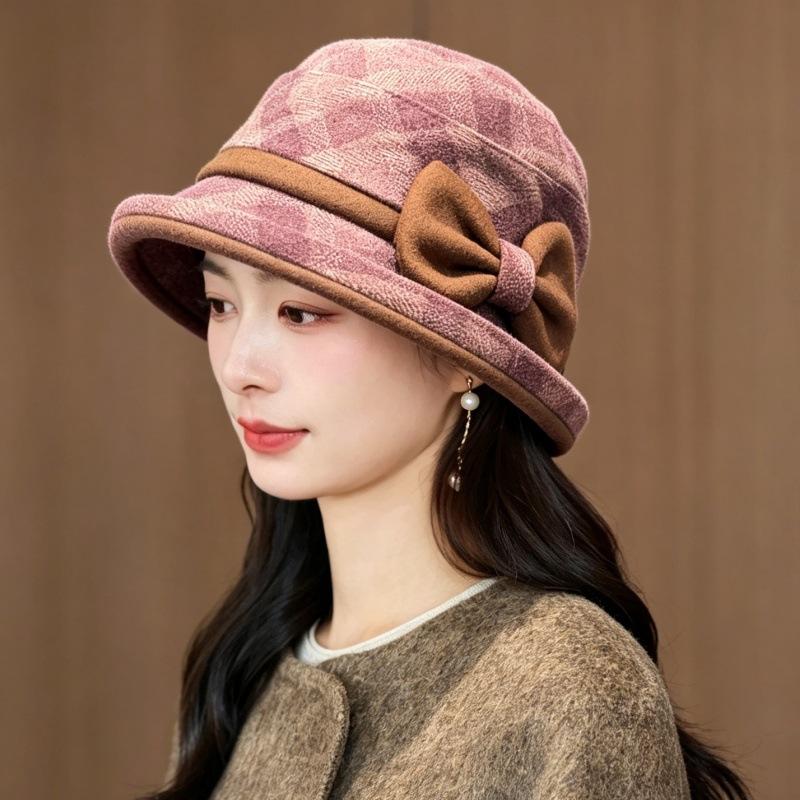 Autumn and winter new women's plaid basin hat bow woolen top hat elegant retro versatile bucket hat mother hat