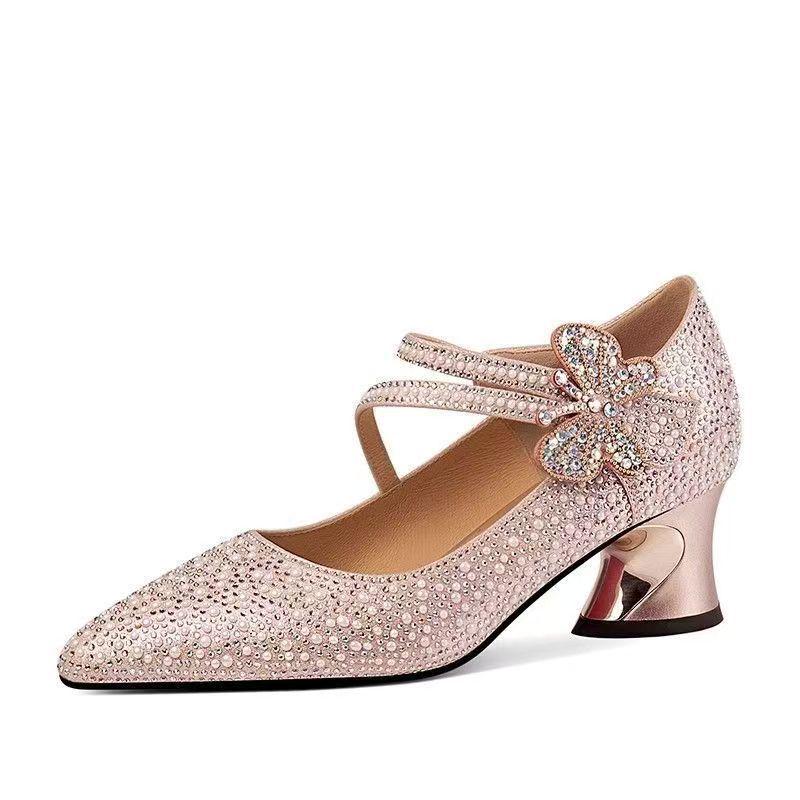 Women's Chunky Heel Pearl Bow Rhinestone Wedding Shoes - 2025 Spring Collection