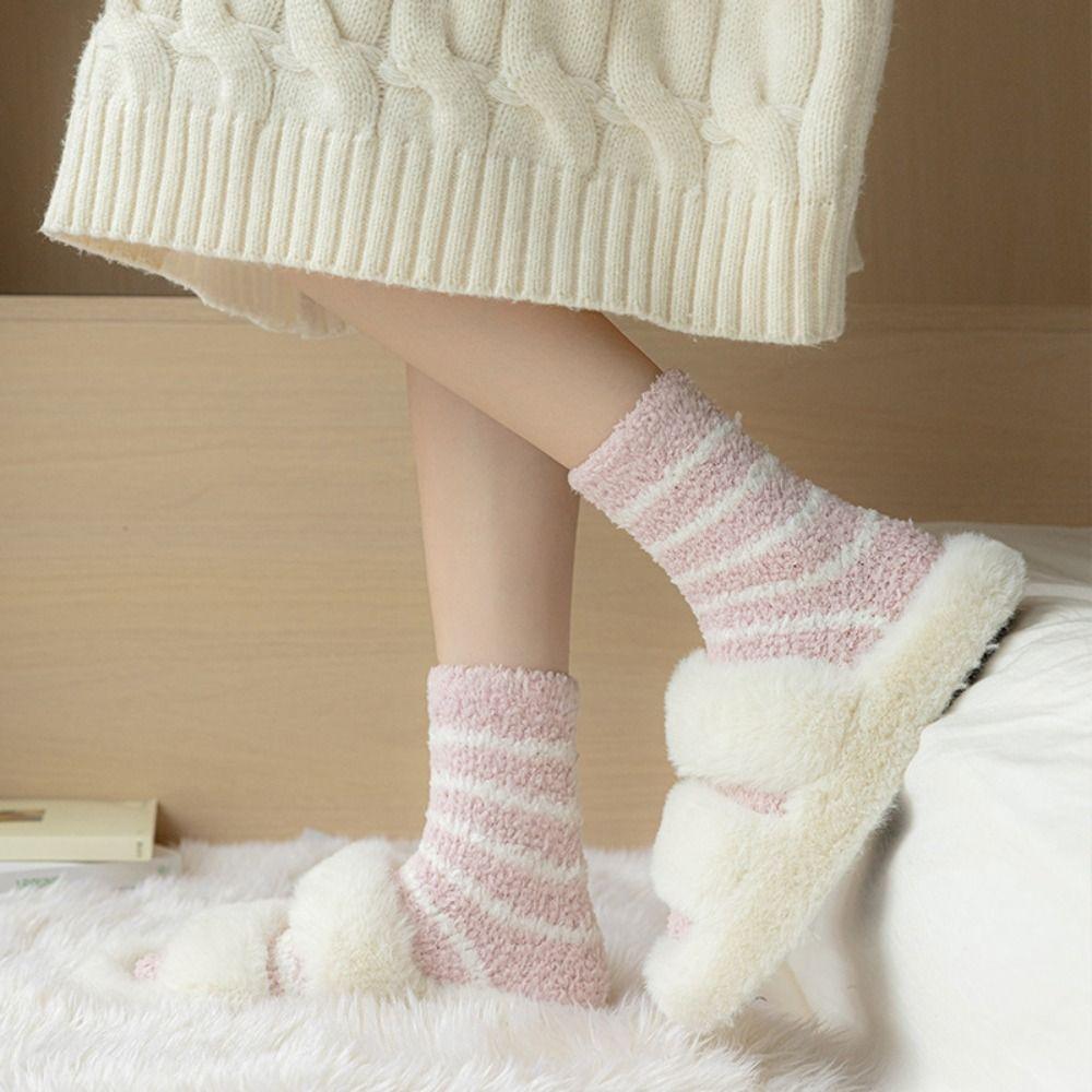 6Pairs Patchwork Thicken Velvet Socks Stripe Sleeping Socks Warm Coral Fleece Socks  Women