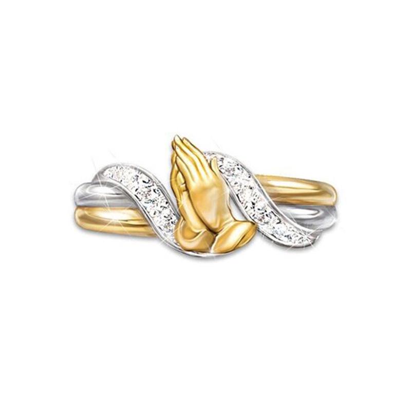 

Creative Hands Praying Two-Tone 18K Gold Ring with Diamond Inlay - Blessing Gift Size 7