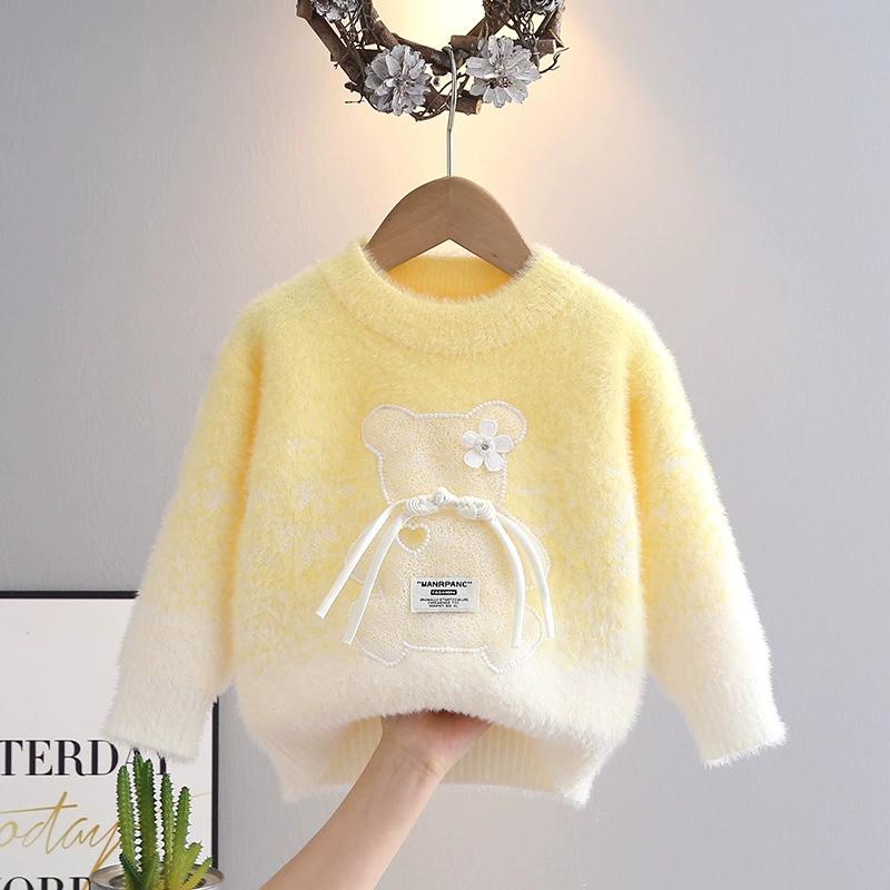 

Cute Bear Mink Cashmere Sweater for Kids Autumn Winter Round Neck Knit Pullover Girls Plush Warm Knitwear Fashion Sweater 150 жовтий
