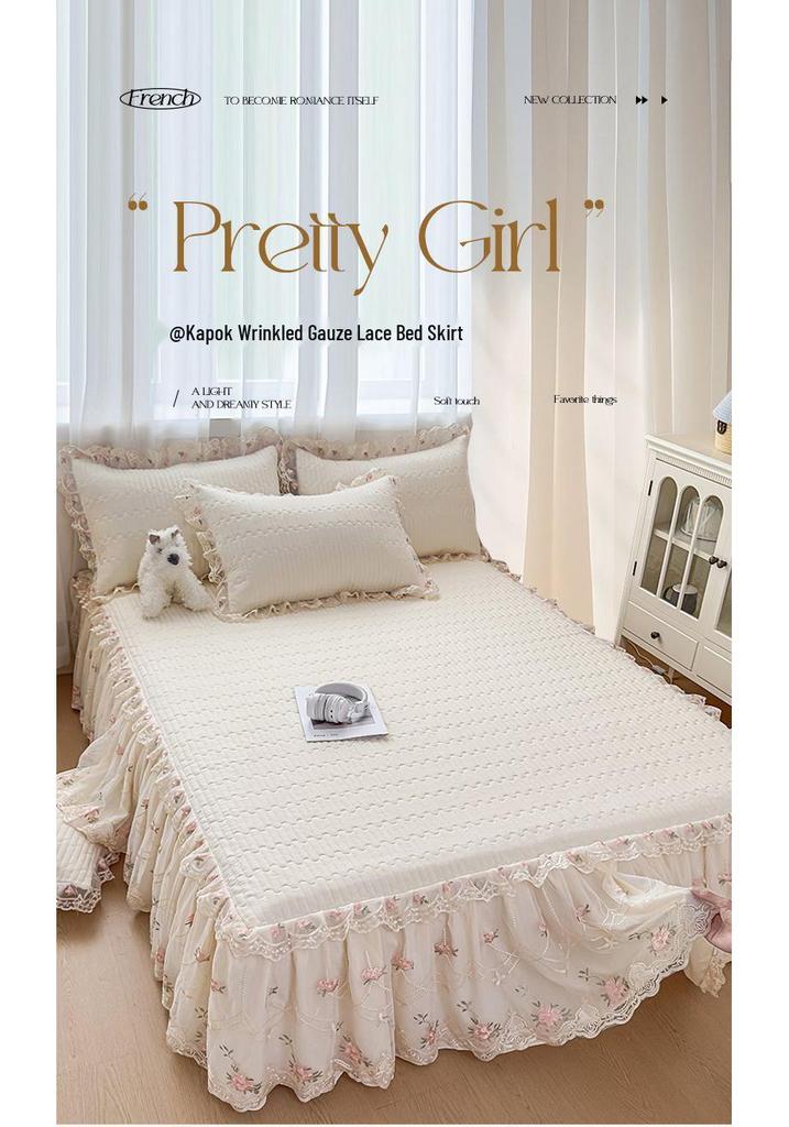 Korean Princess Crinkled Quilted Lace Bed Skirt: Thick Non-slip Mattress Protector
