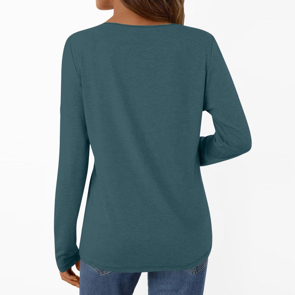Women's Casual Fashion Brushed Color Long-sleeved V-neck Top T-shirt