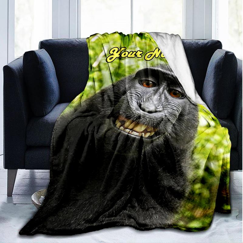 1PC Custom Name Monkey Selfie Photo Frame outdooor Flannel blankets Patterns Throw Blanket All-Season Soft Gift for Couch, Bed, Camping gifts