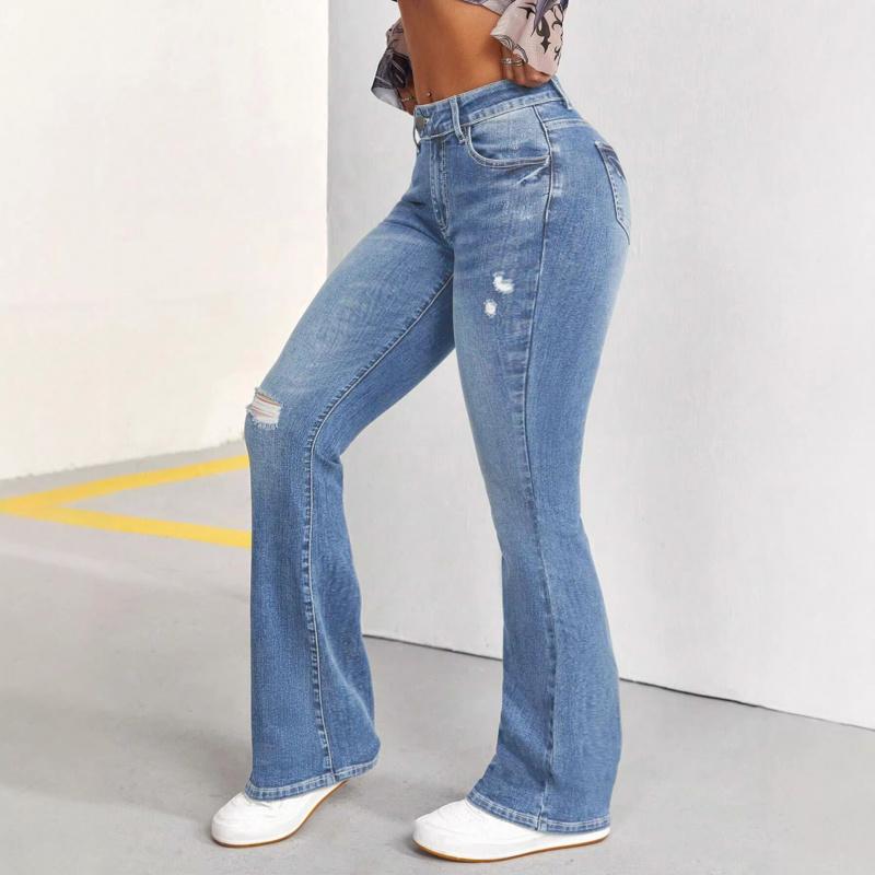 Women's Blue Vintage Stretch High-Waisted Slim Fit Ripped Flared Jeans