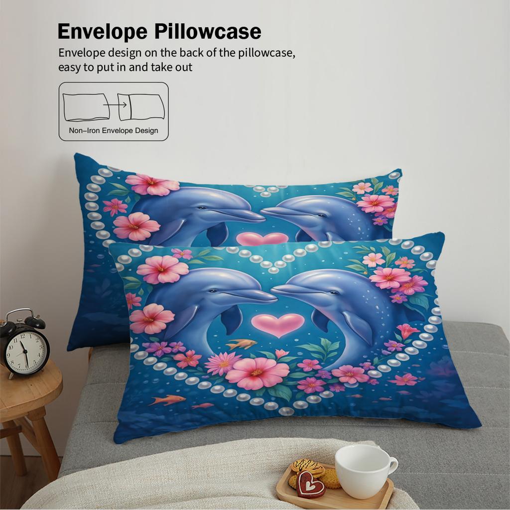 3pcs Dolphin couple pattern printed bedding set, 1*quilt cover+2*pillowcase, suitable for couples and adults bedrooms