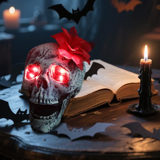 Halloween Skull Statue with Flower Plastic Small Size Human Head Bone Sculpture Collectible Skeleton Figurine for Indoor Outdoor Decor