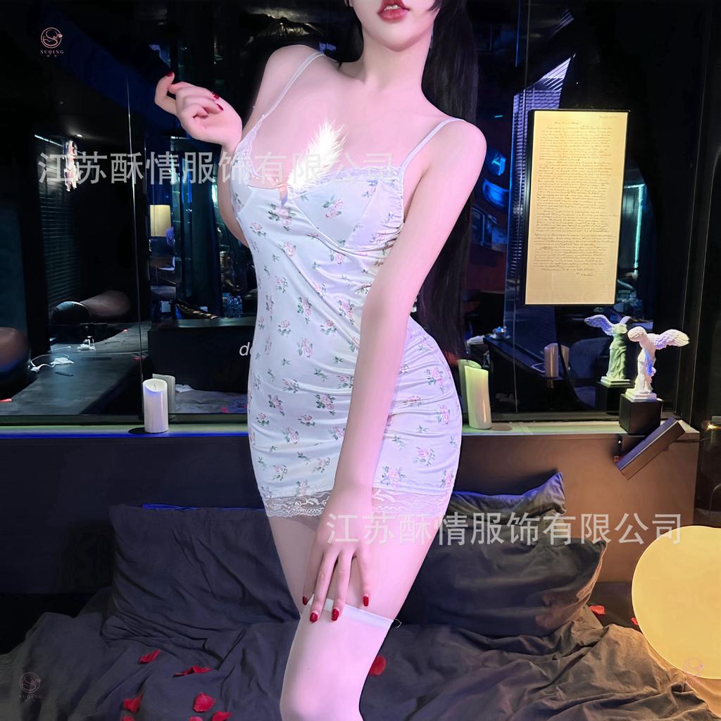 Sexy nightdress small floral contrasting lace splicing sexy low cut pure desire wind suspender hip wrap sexy short skirt