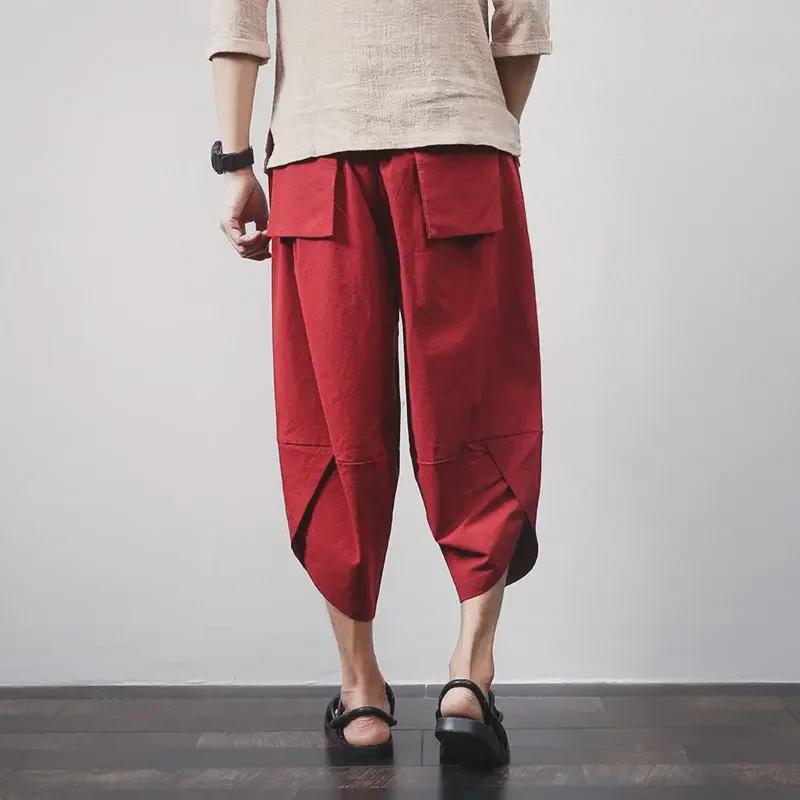 Men's Loose Fit 7-Point Linen Beach Pants - Thai Wide Leg, Casual Chinese Style Harem Pants Trends