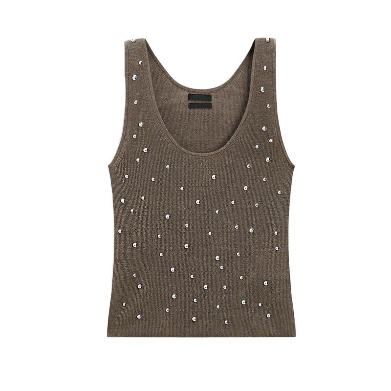 MD Spring and Summer Women's Clothing Beaded Stylish Linen Blend U-Collar Knitting Tank Top Sleeveless T-shirt 5737648