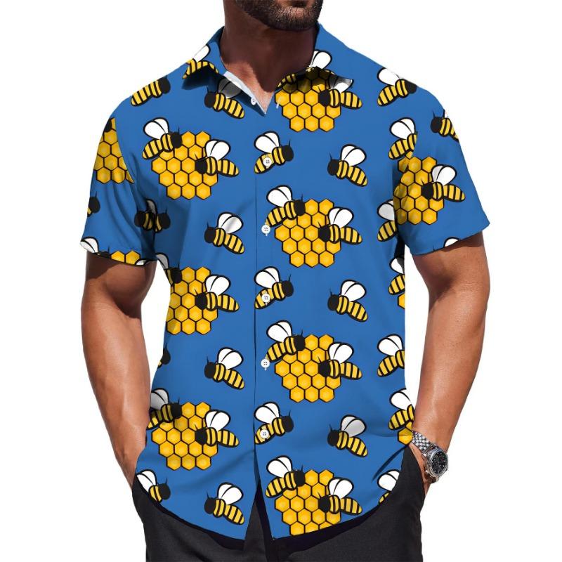 Retro Hawaiian Bee Print Shirt for Men Vacation Casual Short Sleeve Funny Shirts Streetwear Fashion Honey Insect Bee Blouse