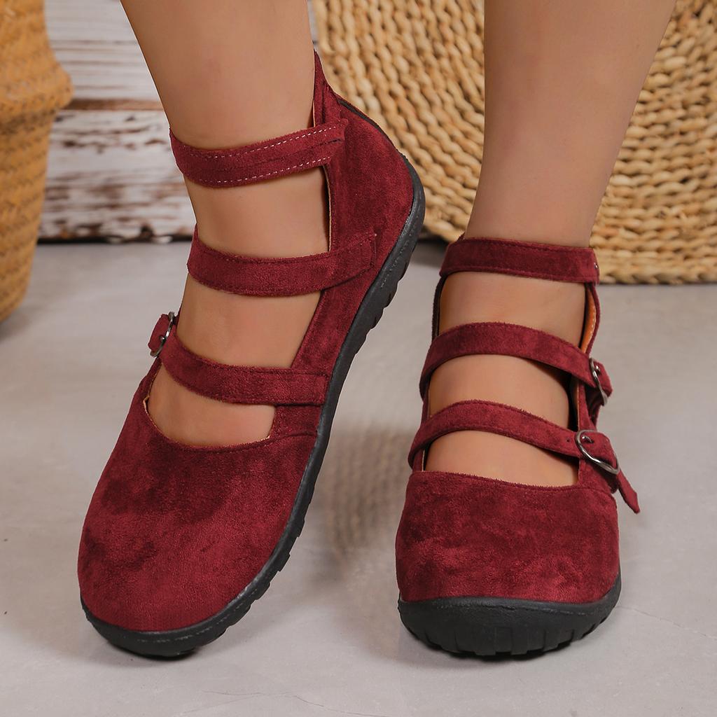 Retro double buckle cloth shoes single shoes women's large size square head light mouth suede