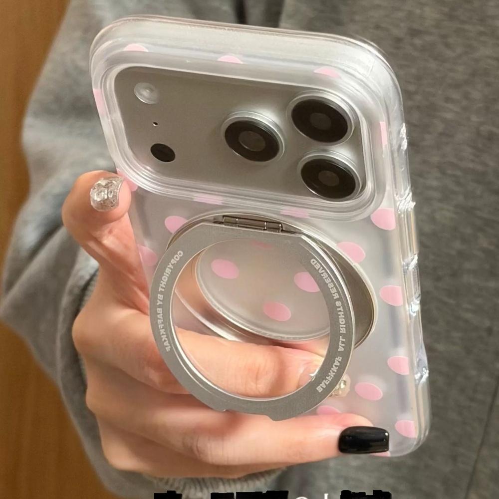 Full Screen White Pink Polka Dots 360 Rotating Stand Case for iPhone 17 Pro Max iPhone 16 Pro Protective Cover