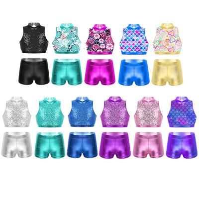 Ballet Jazz Tap Hip Hop Dance 2Pcs Outfits Sleeveless Mock Neck Crop Top+Metallic Bottoms Set Dance Stage Performance