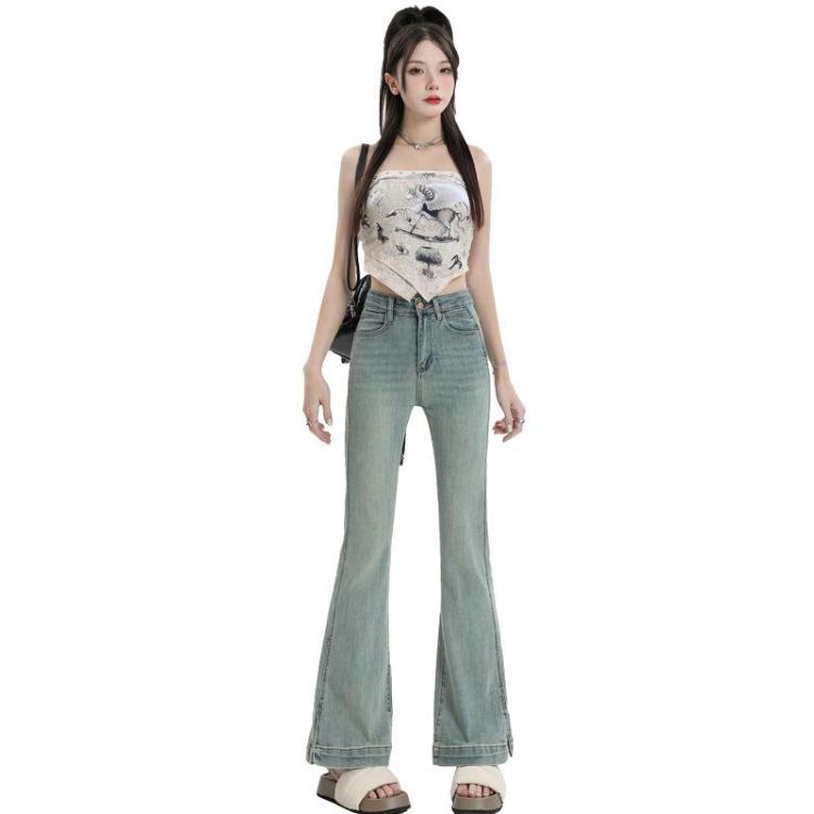 High Waisted Flared Jeans Women Autumn Elastic Split Hem Pulled Denim Pants Spice Girls Fashion