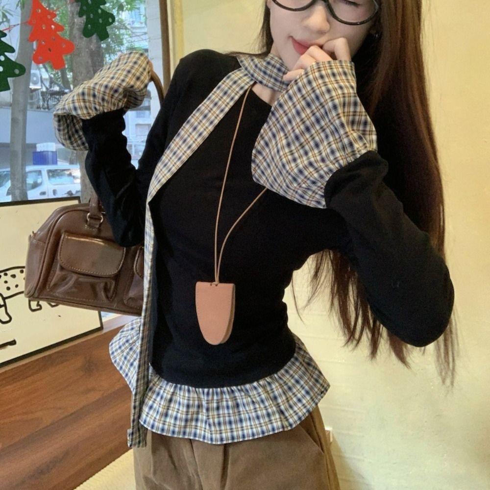 

Sweet Faux Two Piece T Shirt Lattice Ruffle Slim Fit Top Soft Long Sleeve Top Women L чорний