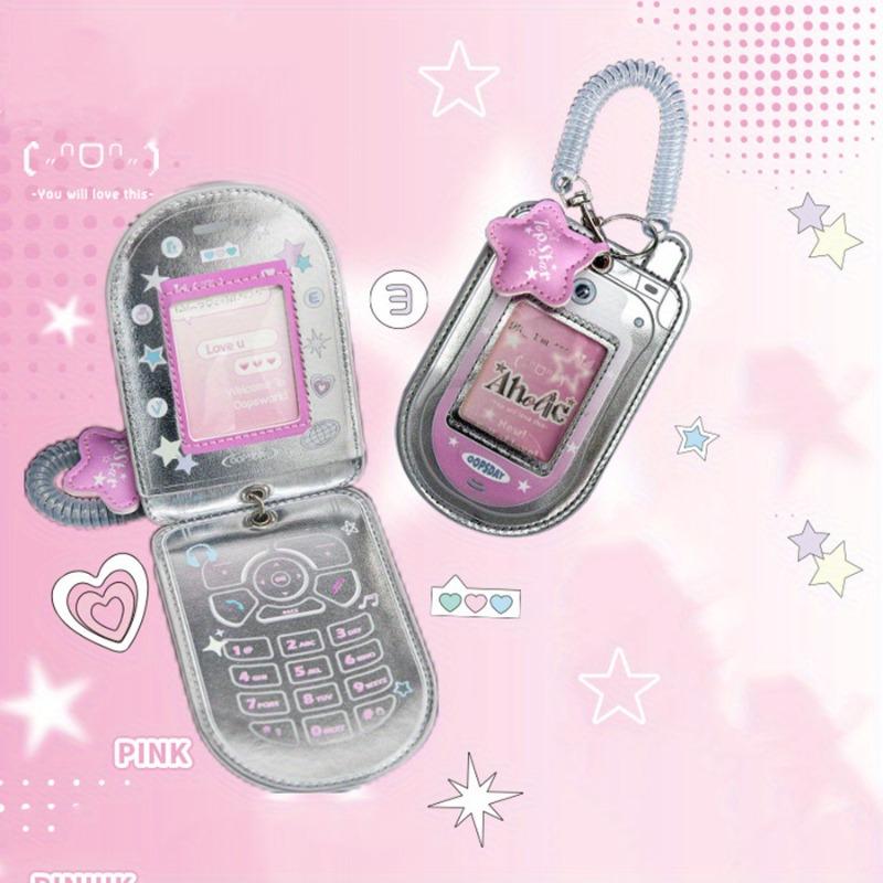Cute Star Kpop Photocard Holder Keychain in Mobile Phone Design, Protective Cover for Photo Cards, Faux Leather ID Card Case