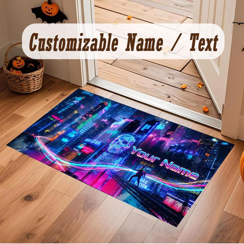 City Cyberpunk Theme Crystal Velvet Floor Rug Personalized Custom Name Text Warm Carpet Home Decoration