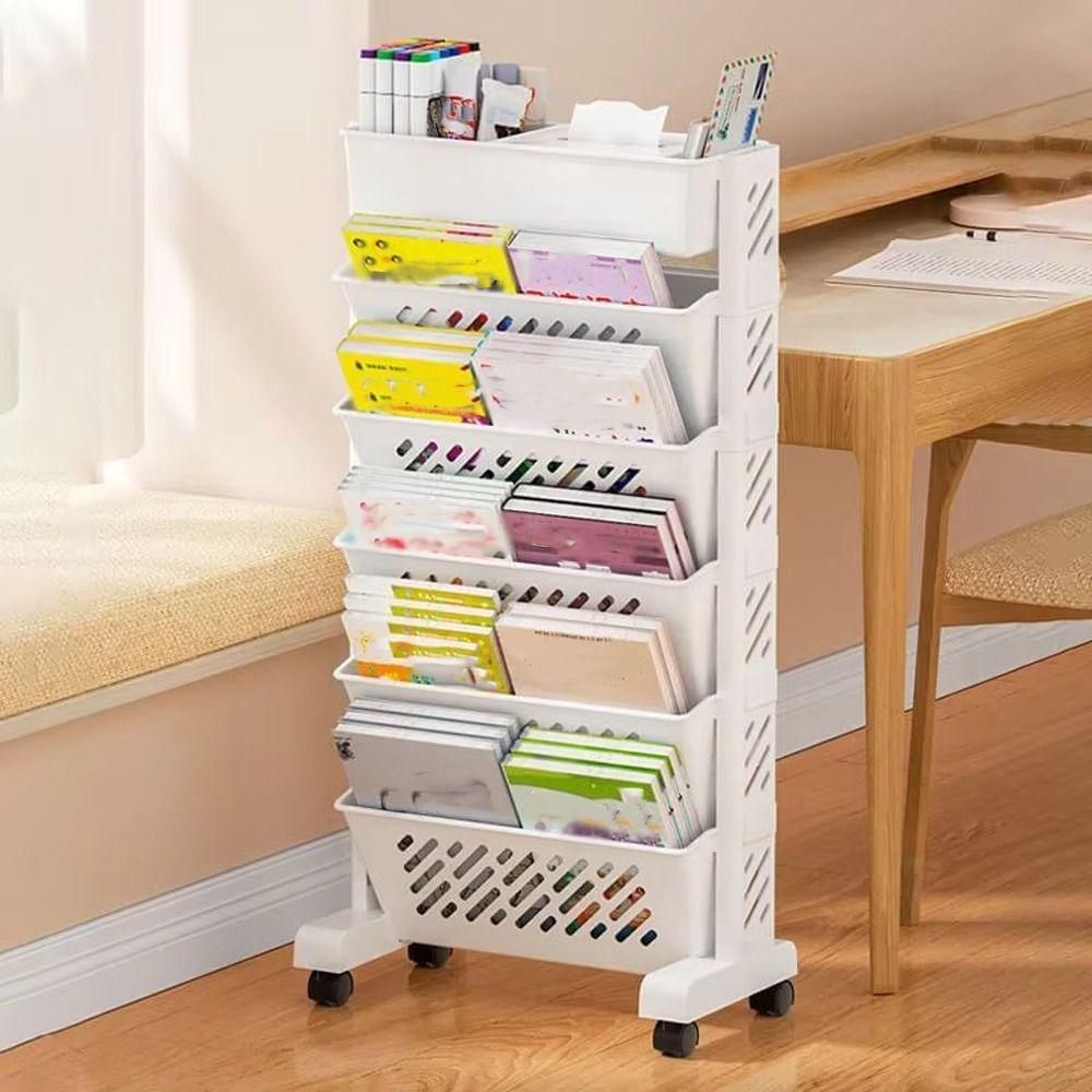 5/6 Layers Bookshelf On Wheels Large Capacity Book Storage Rack Movable Book Shelf  Student Use