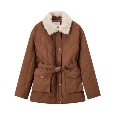 Xiangying Women's Vintage Quilted Utility Padded Jacket with Fur Collar