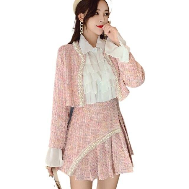 

Новая весенняя куртка с бисером, комплекты из 2 предметов, женская мода, элегантное тонкое пальто, юбка, рубашка, твидовый костюм из двух предметов для женщин S розовый