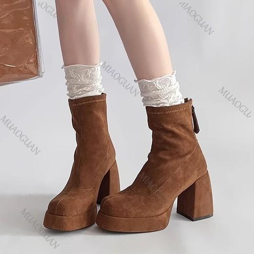 Fashion Autumn Women Ankle Boots Short Ladies Platform Square High Heels Female Shoes Fashion Solid Suede Chunky Heeled Botines Mujer