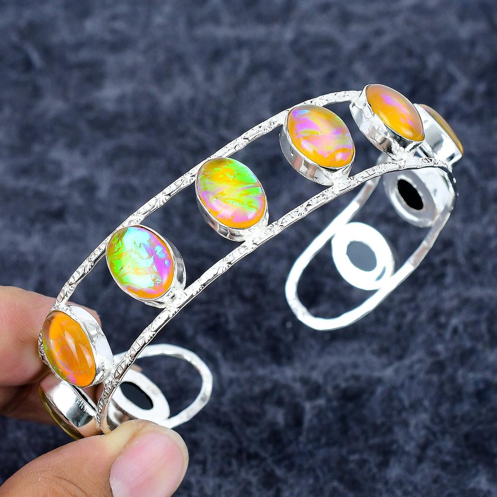 Orange Triplet Opal Gemstone 925 Sterling Silver Cuff Bangle Adjustable M-3321