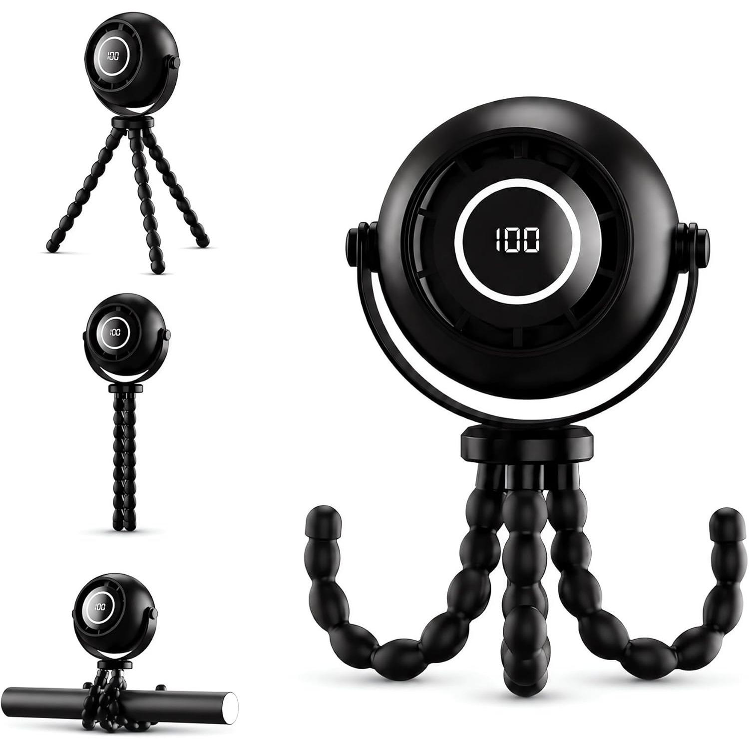 Portable Fan with Flexible Tripod, 4000mAh USB Rechargeable Mini Desk Fan with LED Display, 3 Speeds, 3 Light Modes, Clip On Quiet Small Fan чёрный