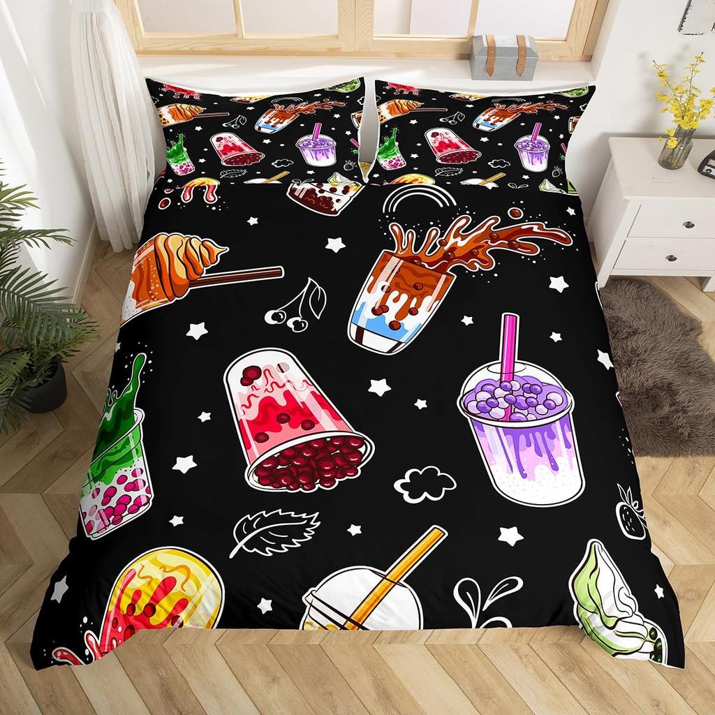 Cartoon Milk Tea Duvet Cover for Kids Teens Lightweight Quilt Covers Bedroom Decor Afternoon Tea Themed Bedspread Cover No Quilt
