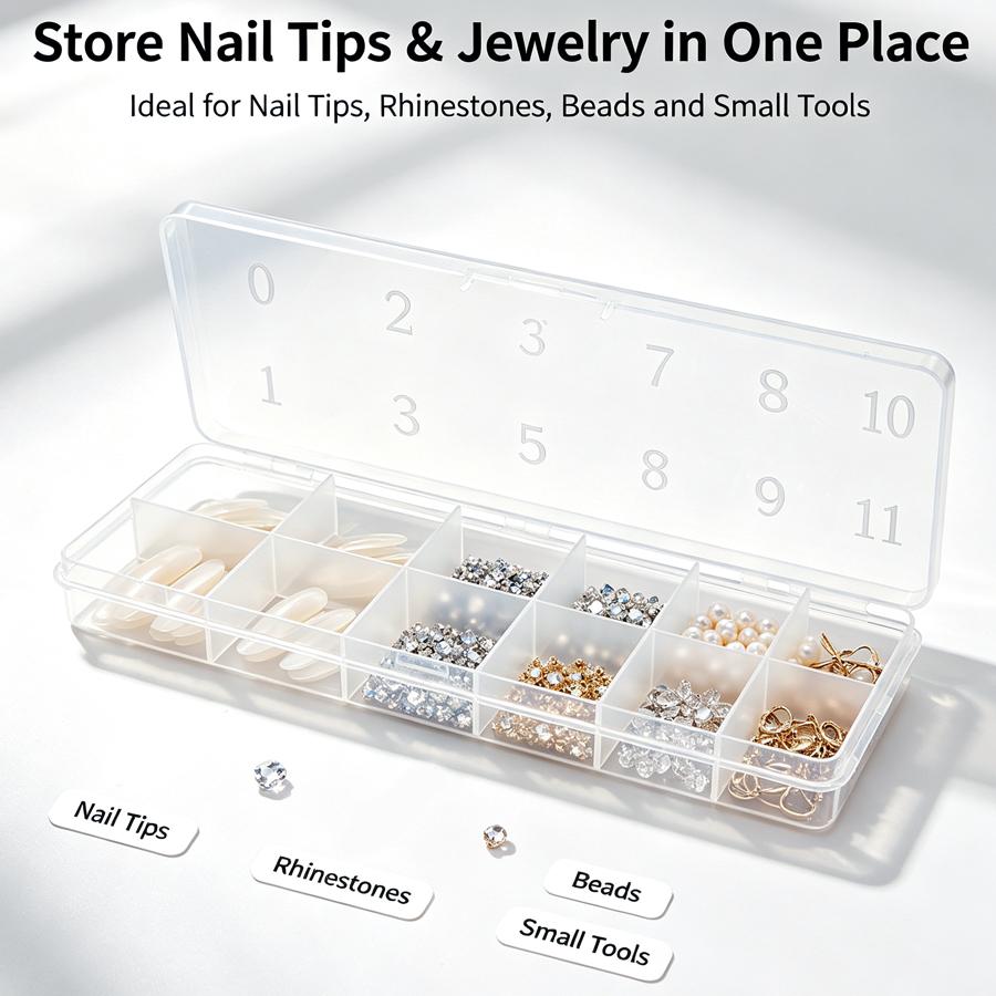 12 Grid Nail Tip Storage Box, False Tips Case with Printed Marking, Jewelry Rhinestone Bead Organizer Container