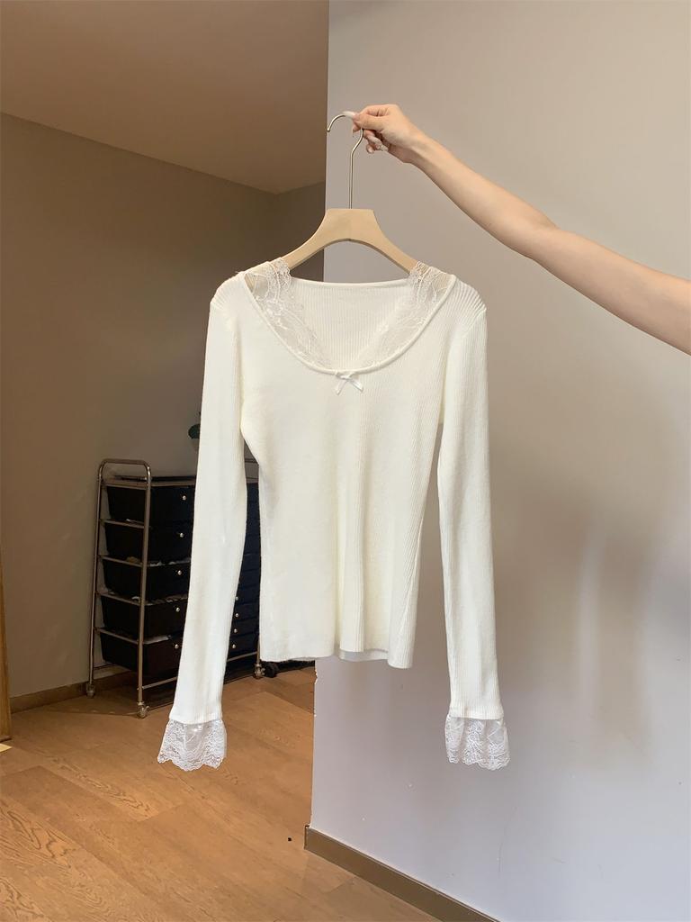 Spring Christmas red lace collar knitted bottoming shirt women's beautiful slim-fitting inner top pure desire wind sweater