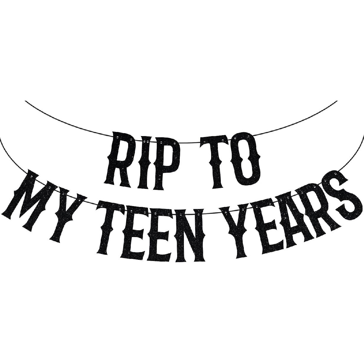 Black Glitter Rip to My Teen Years Banner, Kissing My Teens Goodbye/Cheers to 20 Years, Old English Funeral Youth Themed 20th Birthday Party