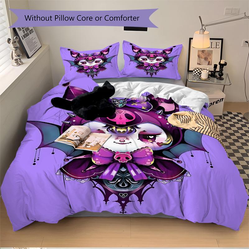 3pcs Kuromi Bat Print Bedding Set (1 Cover + 2 Pillowcases, Without Inserts), This Printed Bedding Set is Soft and Comfortable, Suitable for