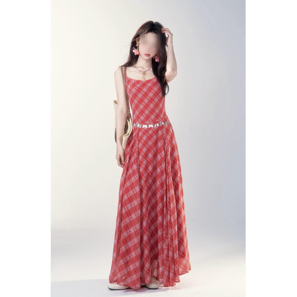 Girls' high-end elegant red plaid suspender dress women's summer new casual temperament waist and thin dress