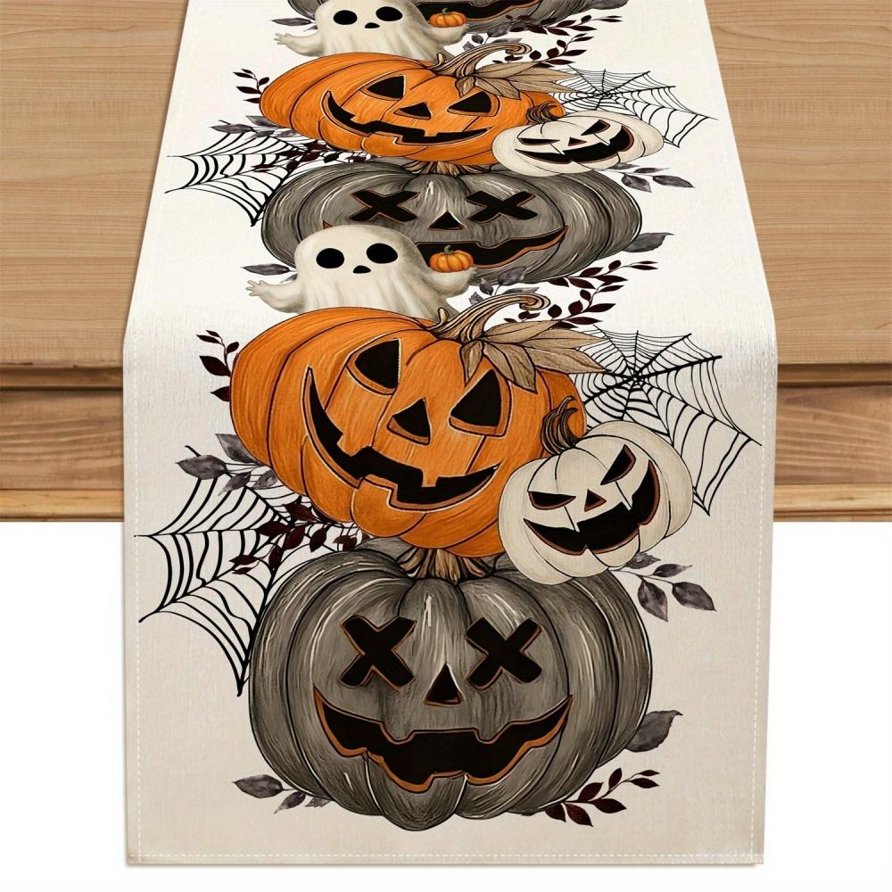 1pc Halloween Table Runner - Jack-o'-lanterns, Spider Webs, Pumpkin Decorations - Farmhouse Kitchen Dining Party Decoration