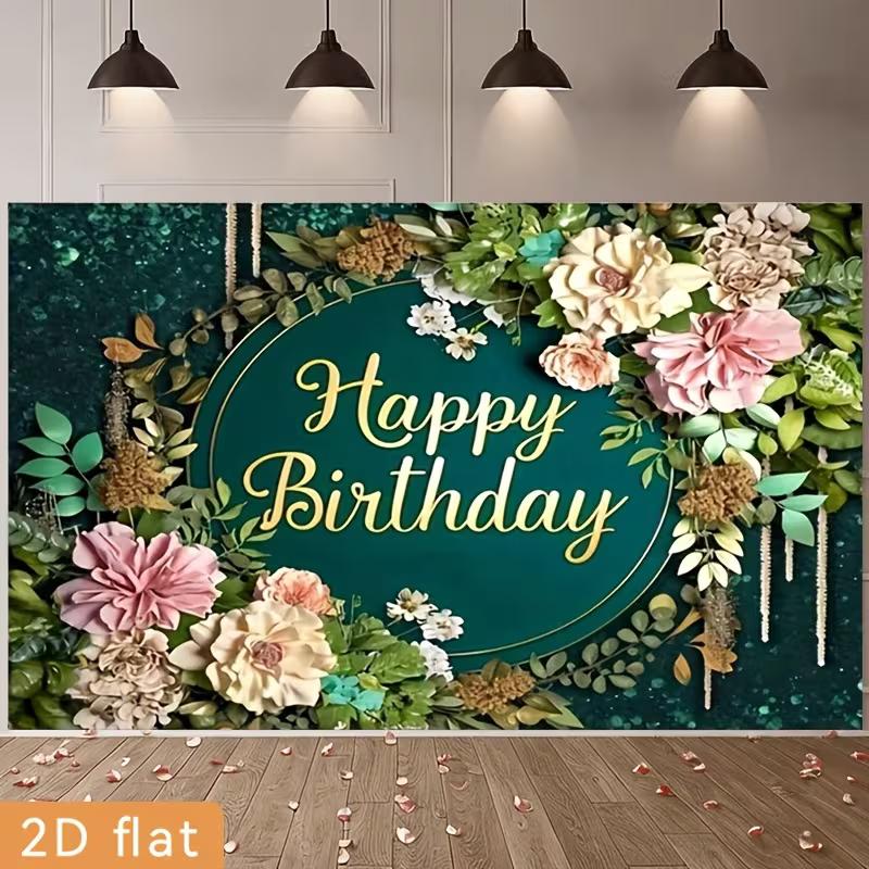 2D Elegant Green Floral Birthday Backdrop with Pink Flowers Photography Background