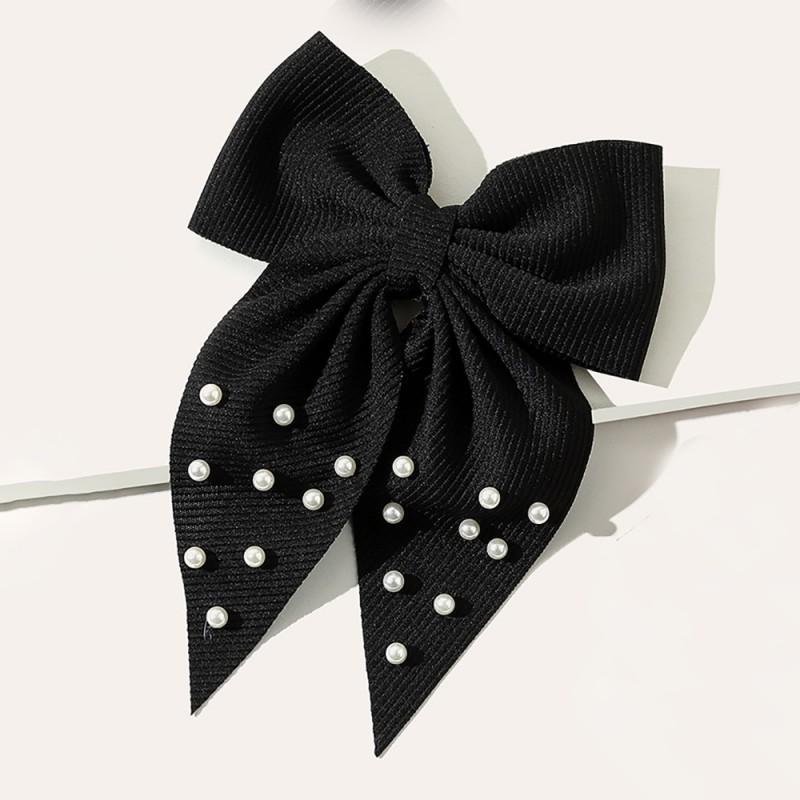 Handmade Fabric Hair Clip With Pearl Bow Ribbon Women Retro Style Back Of Head Accessory