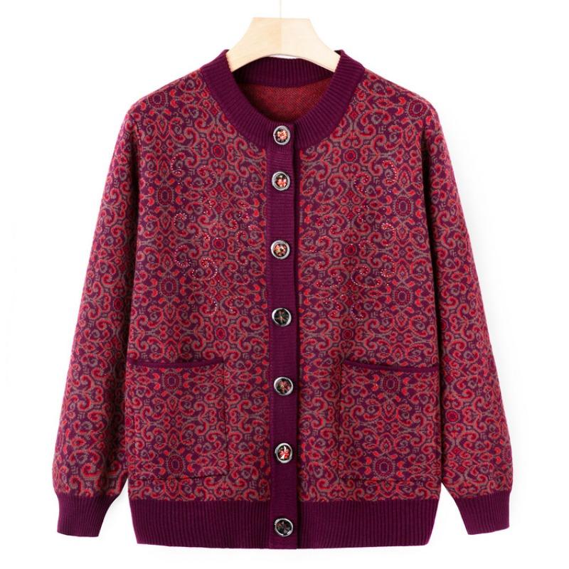 Middle-aged and Old Knitted Sweater Jacket Grandma Autumn Cardigan Top Autumn and Winter New Mother's Crew Neck Sweater